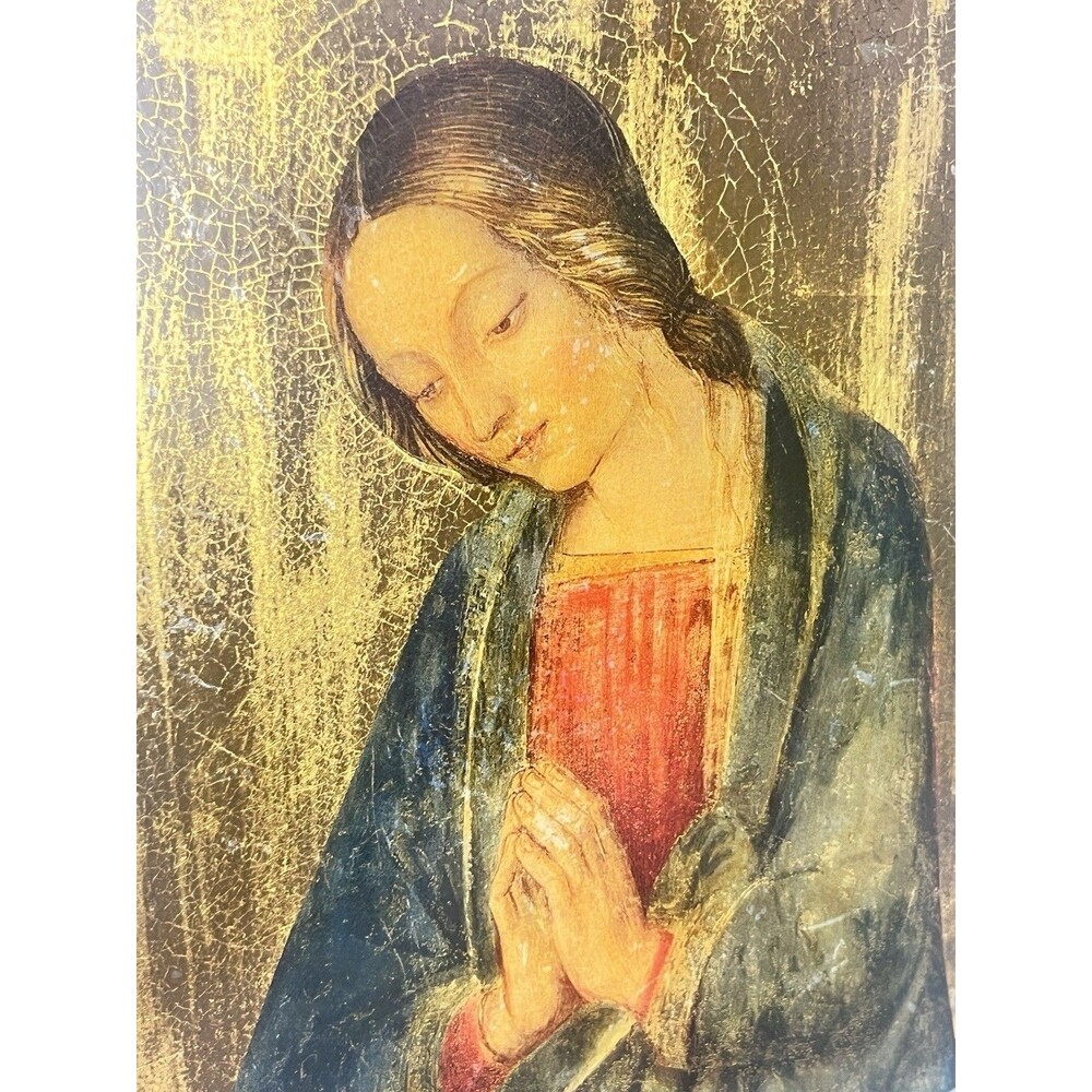 Vintage Florentine Italy Wood Plaque Praying Virgin Madonna in Adorazione 16”